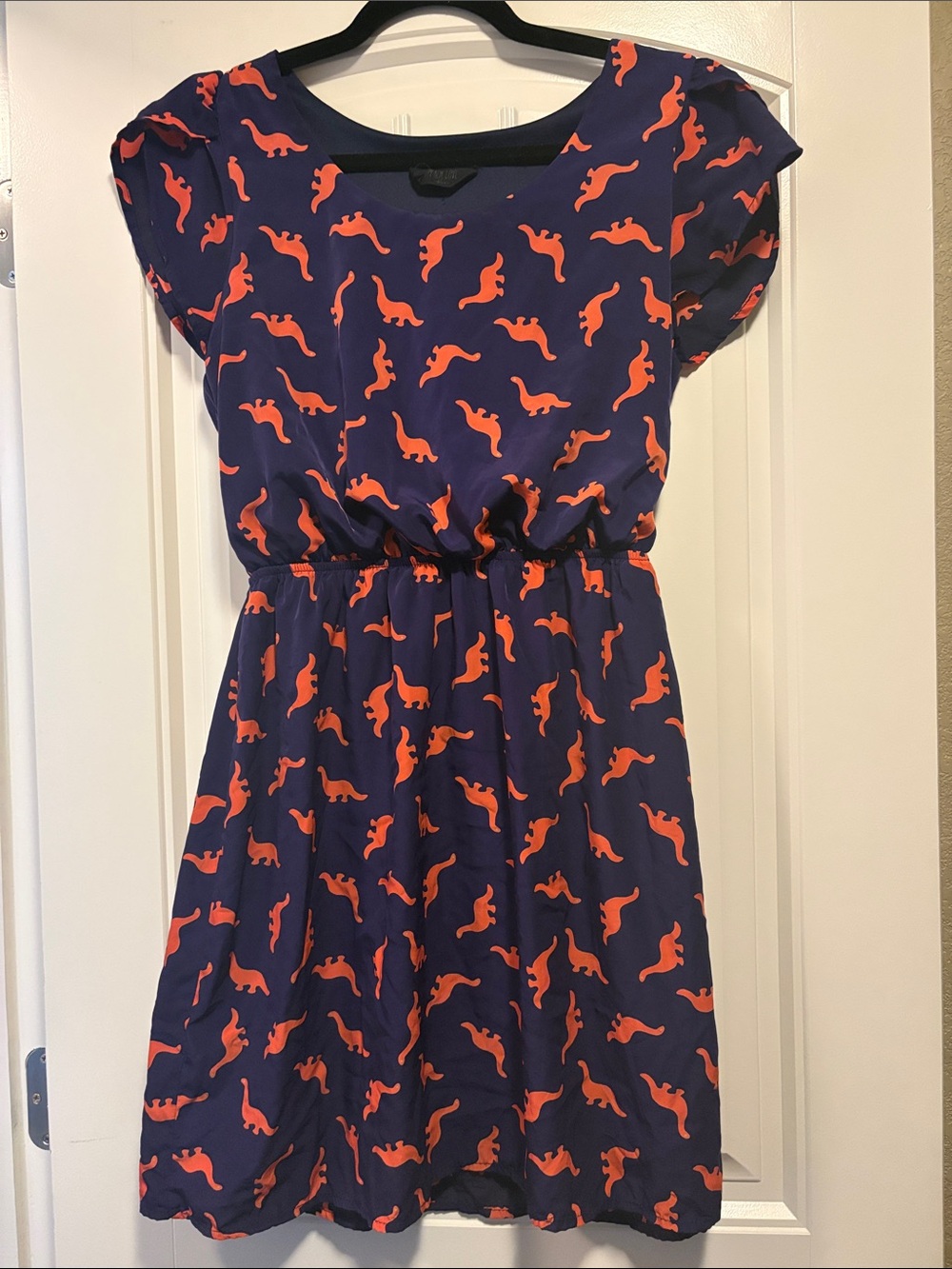 Peach Love California Navy Dress with Bright Orange Dino Print